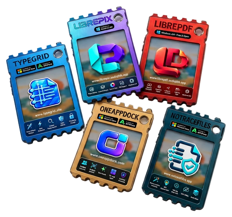 Five app cards: TypeGrid, LibrePix, LibrePDF, OneAppDock and NoTraceFiles